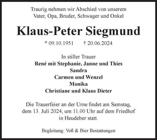 Traueranzeige von Klaus-Peter Siegmund von Volksstimme Wernigerode