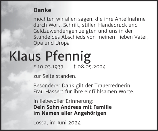 Traueranzeige von Klaus Pfennig von Super Sonntag Naumburg/Nebra