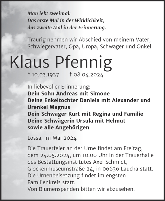 Traueranzeige von Klaus Pfennig von Super Sonntag Naumburg/Nebra