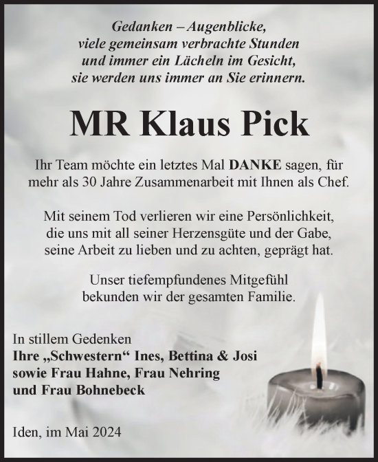Traueranzeige von Klaus Pick von Volksstimme Altmark Ost