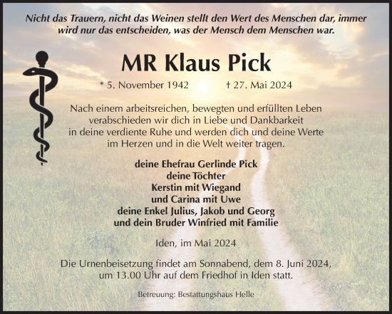 Traueranzeige von Klaus Pick von Volksstimme Altmark Ost