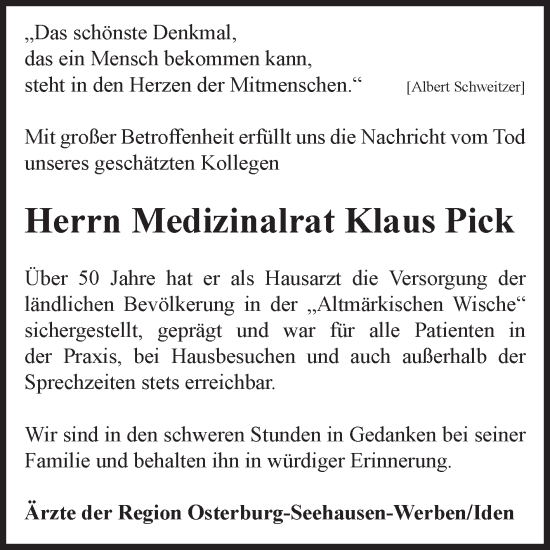 Traueranzeige von Klaus Pick von Volksstimme Altmark Ost
