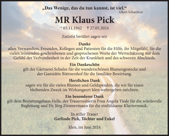 Traueranzeige von Klaus Pick von Volksstimme Altmark Ost
