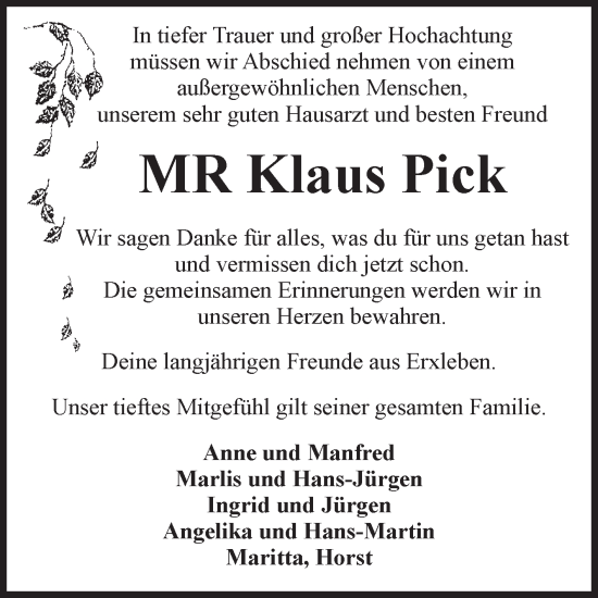 Traueranzeige von Klaus Pick von Volksstimme Altmark Ost