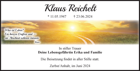 Traueranzeige von Klaus Reichelt von Volksstimme Zerbst