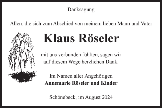 Traueranzeige von Klaus Röseler von Volksstimme Schönebeck