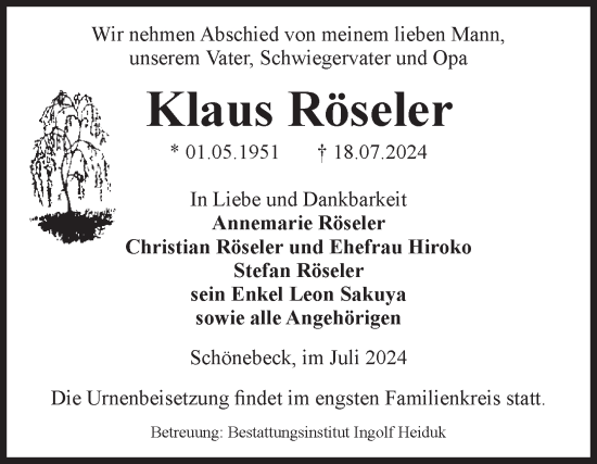 Traueranzeige von Klaus Röseler von Volksstimme Schönebeck