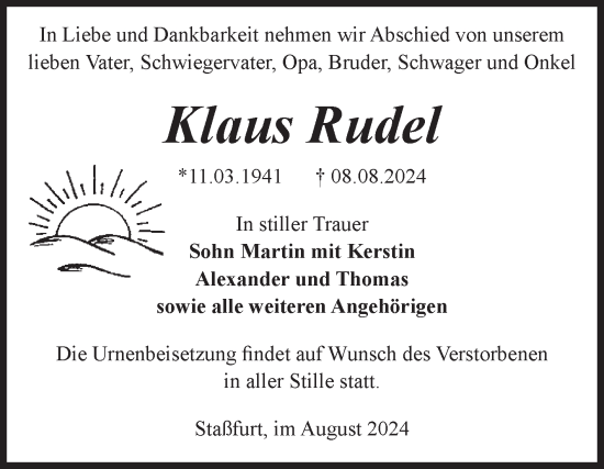 Traueranzeige von Klaus Rudel von Volksstimme Staßfurt