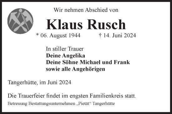 Traueranzeige von Klaus Rusch von Volksstimme Altmark Ost
