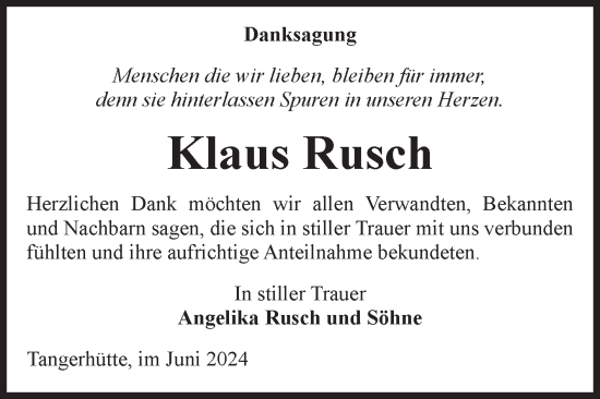 Traueranzeige von Klaus Rusch von Volksstimme Altmark Ost