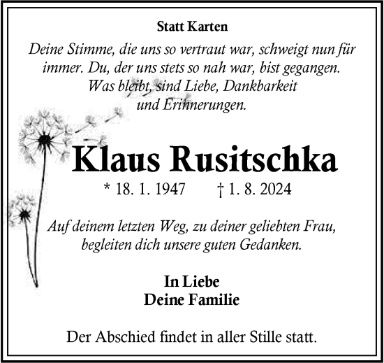 Traueranzeige von Klaus Rusitschka von Volksstimme Altmark Ost