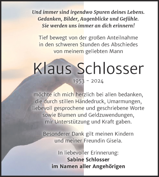 Traueranzeige von Klaus Schlosser von Trauerkombi Weißenfels