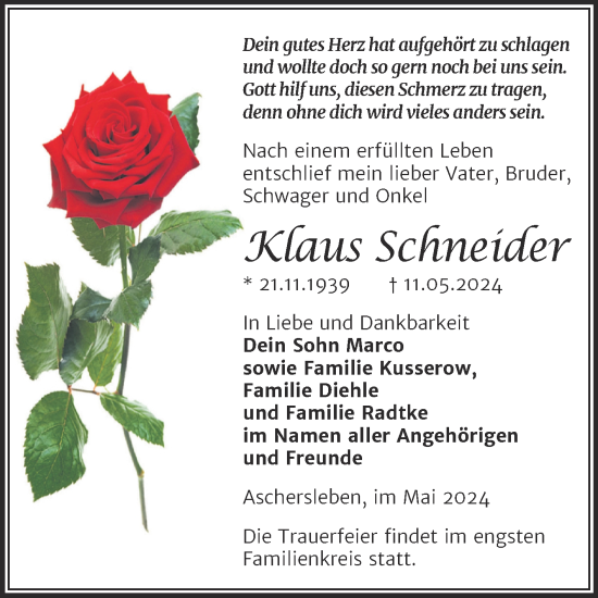 Traueranzeige von Klaus Schneider von Trauerkombi Aschersleben