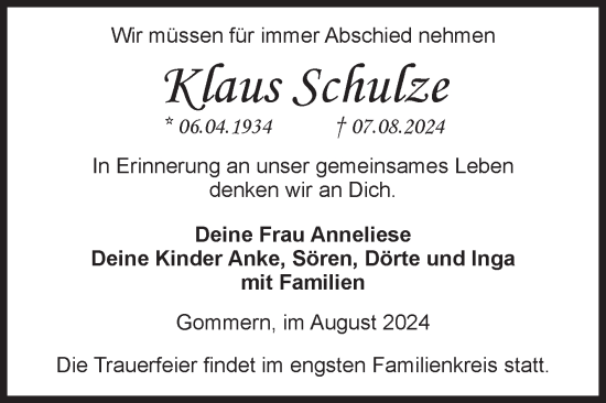 Traueranzeige von Klaus Schulze von Volksstimme Burg/Genthin
