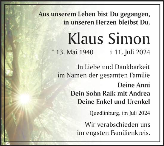 Traueranzeige von Klaus Simon von Trauerkombi Quedlinburg
