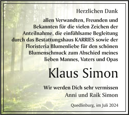 Traueranzeige von Klaus Simon von Trauerkombi Quedlinburg
