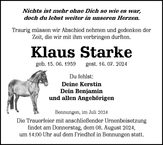Traueranzeige von Klaus Starke von Trauerkombi Sangerhausen