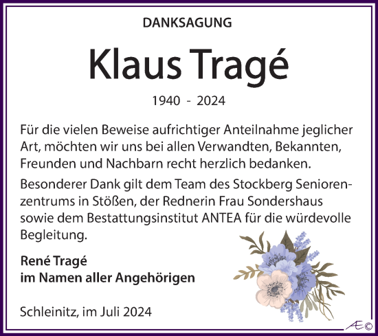 Traueranzeige von Klaus Trage von Trauerkombi Zeitz