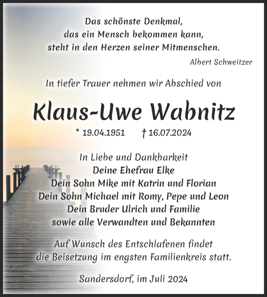 Traueranzeige von Klaus-Uwe Wabnitz von Trauerkombi Bitterfeld