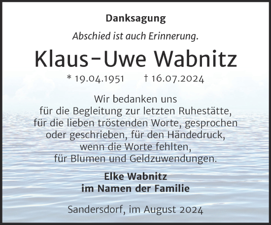 Traueranzeige von Klaus-Uwe Wabnitz von Trauerkombi Bitterfeld