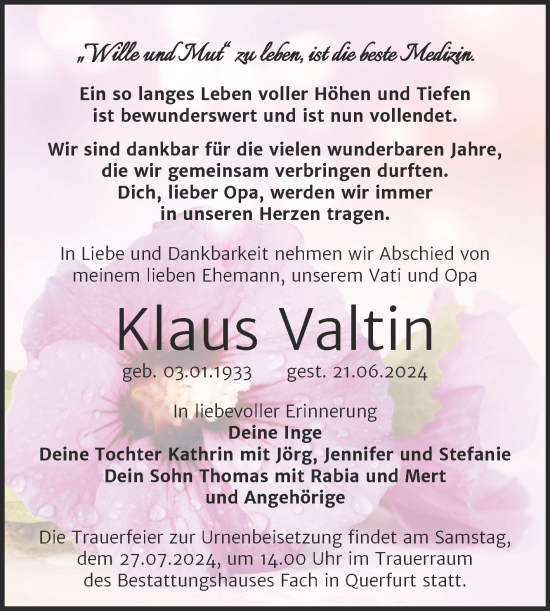 Traueranzeige von Klaus Valtin von Trauerkombi Merseburg
