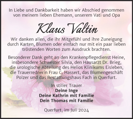 Traueranzeige von Klaus Valtin von Trauerkombi Merseburg