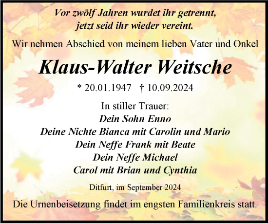 Traueranzeige von Klaus-Walter Weitsche von Trauerkombi Quedlinburg