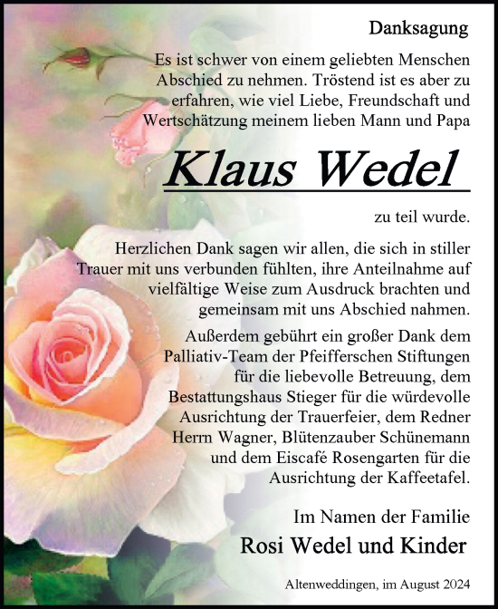 Traueranzeige von Klaus Wedel von Volksstimme Oschersleben/Wanzleben