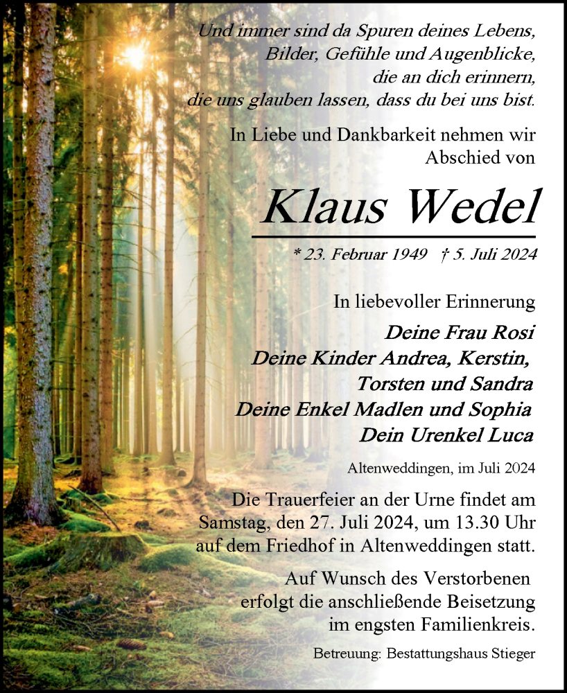 Traueranzeige für Klaus Wedel vom 20.07.2024 aus Volksstimme Oschersleben/Wanzleben