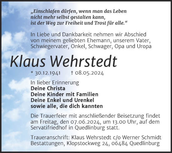 Traueranzeige von Klaus Wehrstedt von Trauerkombi Quedlinburg