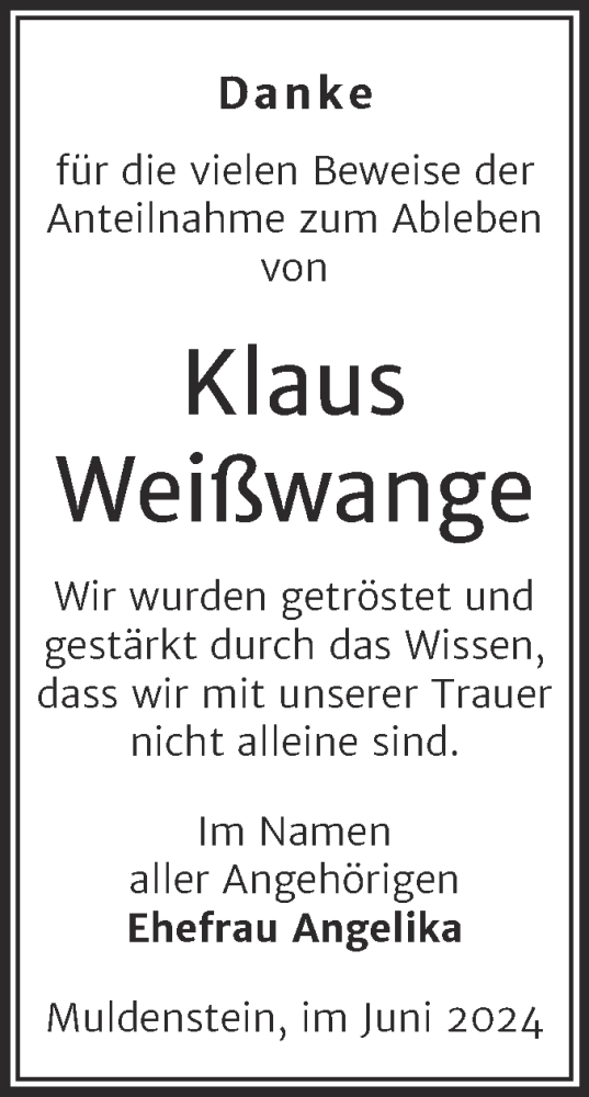 Traueranzeige von Klaus Weißwange von Trauerkombi Bitterfeld