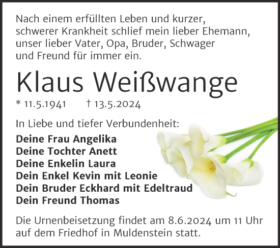 Traueranzeige von Klaus Weißwange von Trauerkombi Bitterfeld