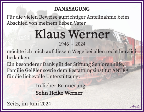 Traueranzeige von Klaus Werner von Trauerkombi Zeitz