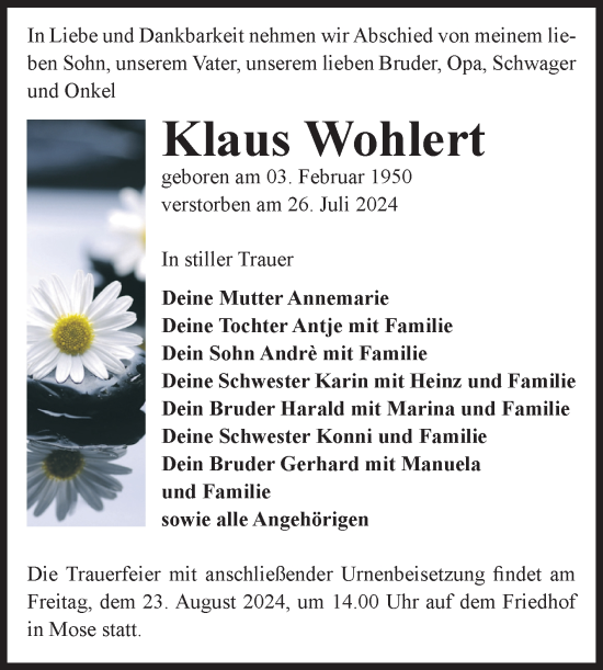 Traueranzeige von Klaus Wohlert von Volksstimme Staßfurt