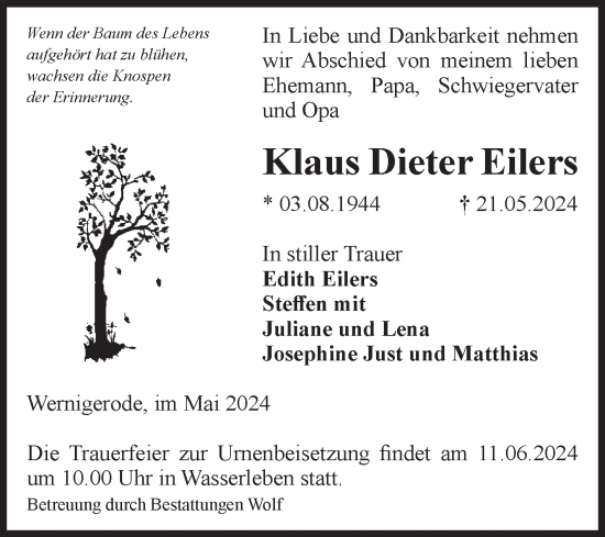Traueranzeige von Klaus Dieter Eilers von Volksstimme Wernigerode