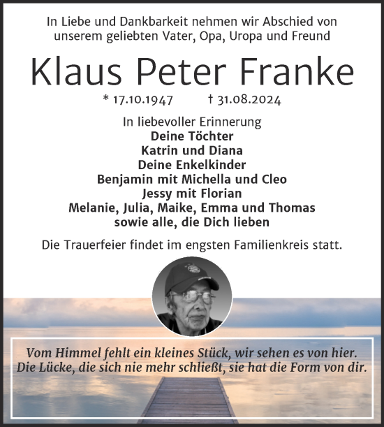 Traueranzeige von Klaus Peter Franke von Trauerkombi Sangerhausen