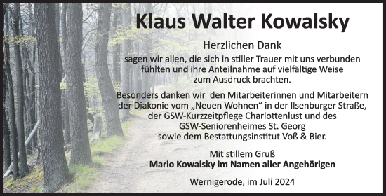 Traueranzeige von Klaus Walter Kowalsky von Volksstimme Wernigerode