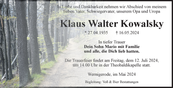 Traueranzeige von Klaus Walter Kowalsky von Volksstimme Wernigerode