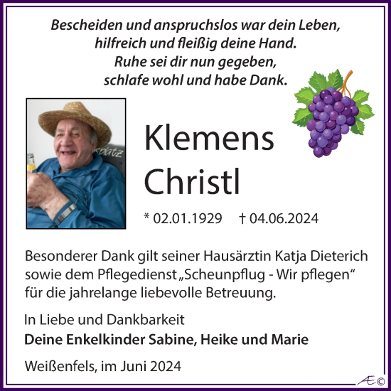 Traueranzeige von Klemens Christl von Trauerkombi Weißenfels
