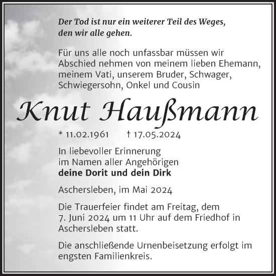 Traueranzeige von Knut Haußmann von Trauerkombi Aschersleben