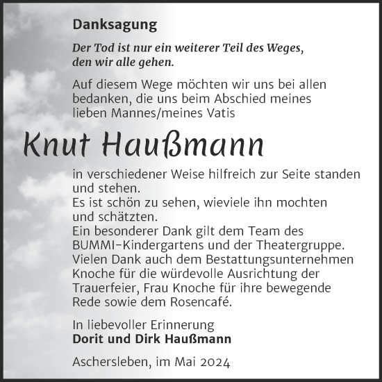 Traueranzeige von Knut Haußmann von Trauerkombi Aschersleben