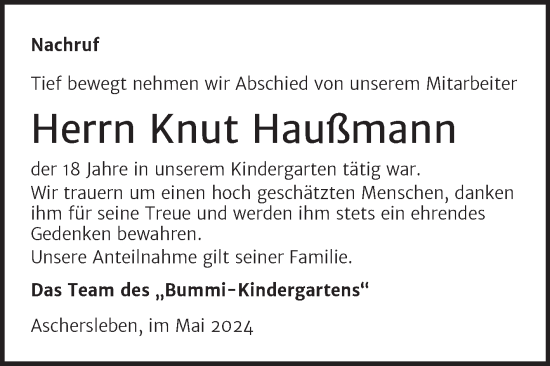Traueranzeige von Knut Haußmann von Super Sonntag Aschersleben