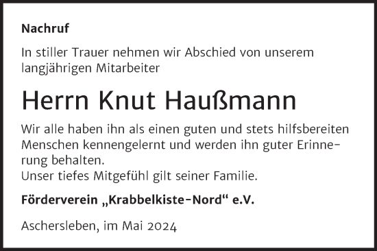 Traueranzeige von Knut Haußmann von Super Sonntag Aschersleben