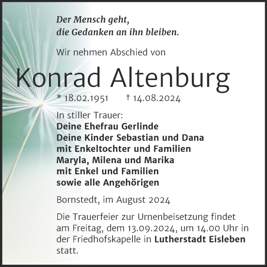 Traueranzeige von Konrad Altenburg von Trauerkombi Mansfelder Land