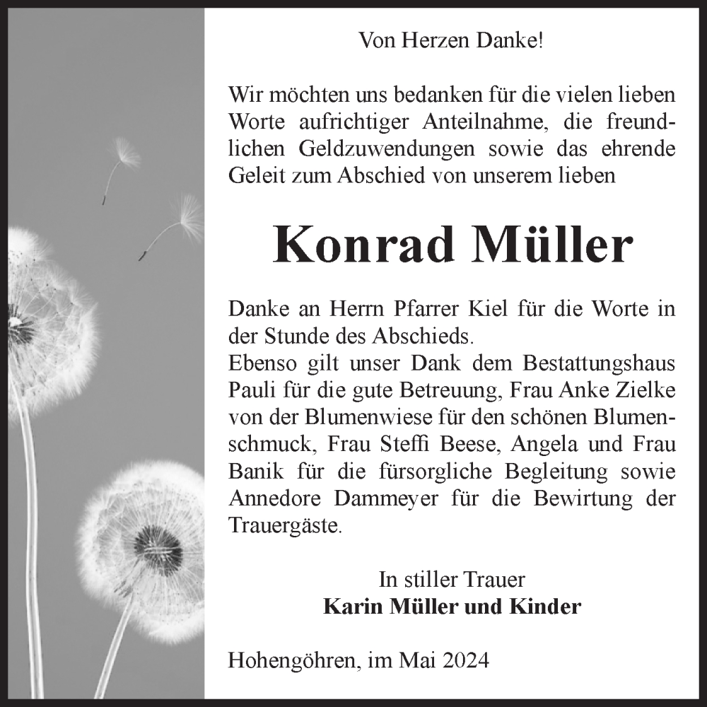  Traueranzeige für Konrad Müller vom 16.05.2024 aus Volksstimme Altmark Ost