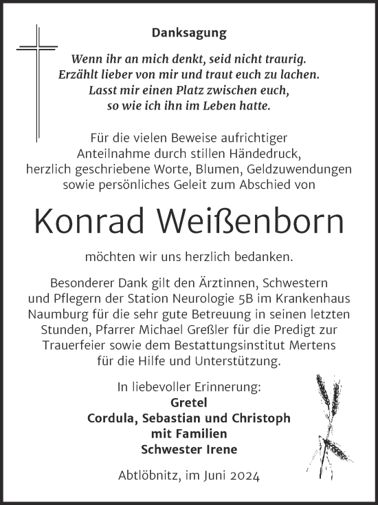 Traueranzeige von Konrad Weißenborn von Super Sonntag Naumburg/Nebra