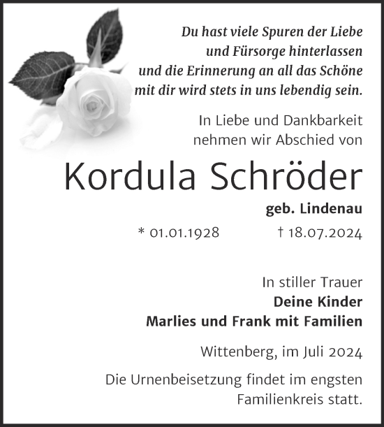 Traueranzeige von Kordula Schröder von Trauerkombi Wittenberg