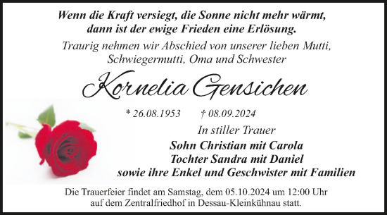 Traueranzeige von Kornelia Gensichen von Trauerkombi Dessau