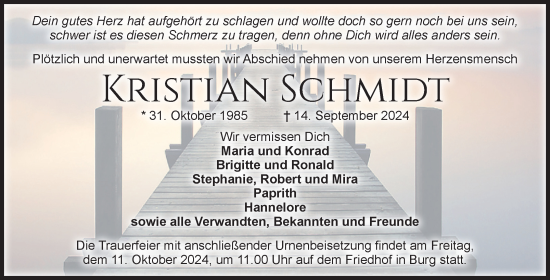 Traueranzeige von Kristian Schmidt von Volksstimme Burg/Genthin