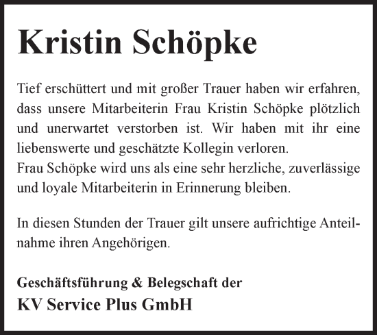 Traueranzeige von Kristin Schöpke von Volksstimme Oschersleben/Wanzleben